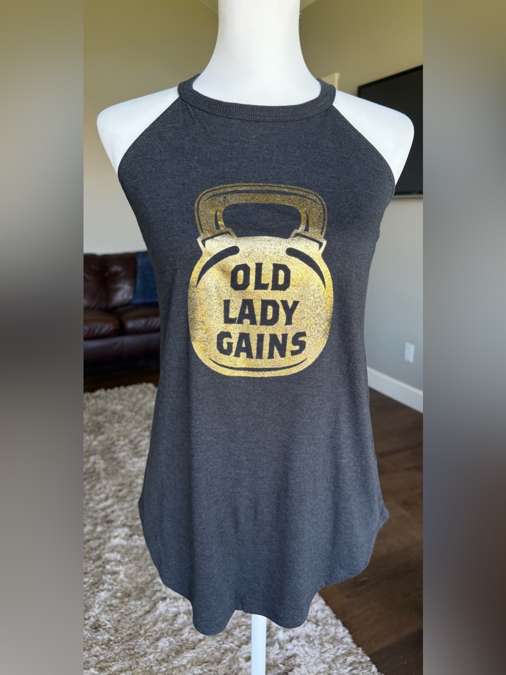 Old Lady Gains District Charcoal Tank Top with Gold Kettlebell Graphic Size XS - Picture 1 of 7